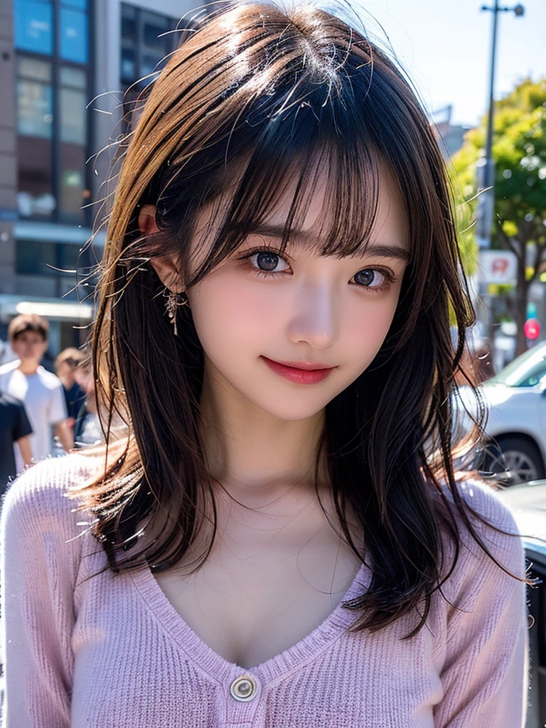 Tabletop, Highest quality, shape, Very detailed, finely, High resolution, 8k wallpaper, Perfect dynamic shape, Finely beautiful eyes, Wearing a pale pink knit,Medium Hair,Natural color lip, smile,harajuku、age Girl、cute、Looking into the camera、flat chest、Brown Hair、Street Snap、Anatomically correct, Ultra high definition, Winner of numerous awards, 