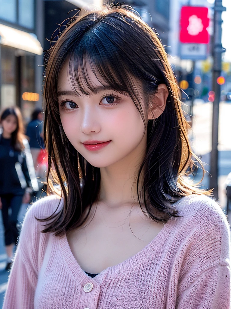 Tabletop, Highest quality, shape, Very detailed, finely, High resolution, 8k wallpaper, Perfect dynamic shape, Finely beautiful eyes, Wearing a pale pink knit,Medium Hair,Natural color lip, smile,harajuku、Teenage Girl、cute、Looking into the camera、flat chest、Brown Hair、Street Snap、Anatomically correct, Ultra high definition, Winner of numerous awards, 