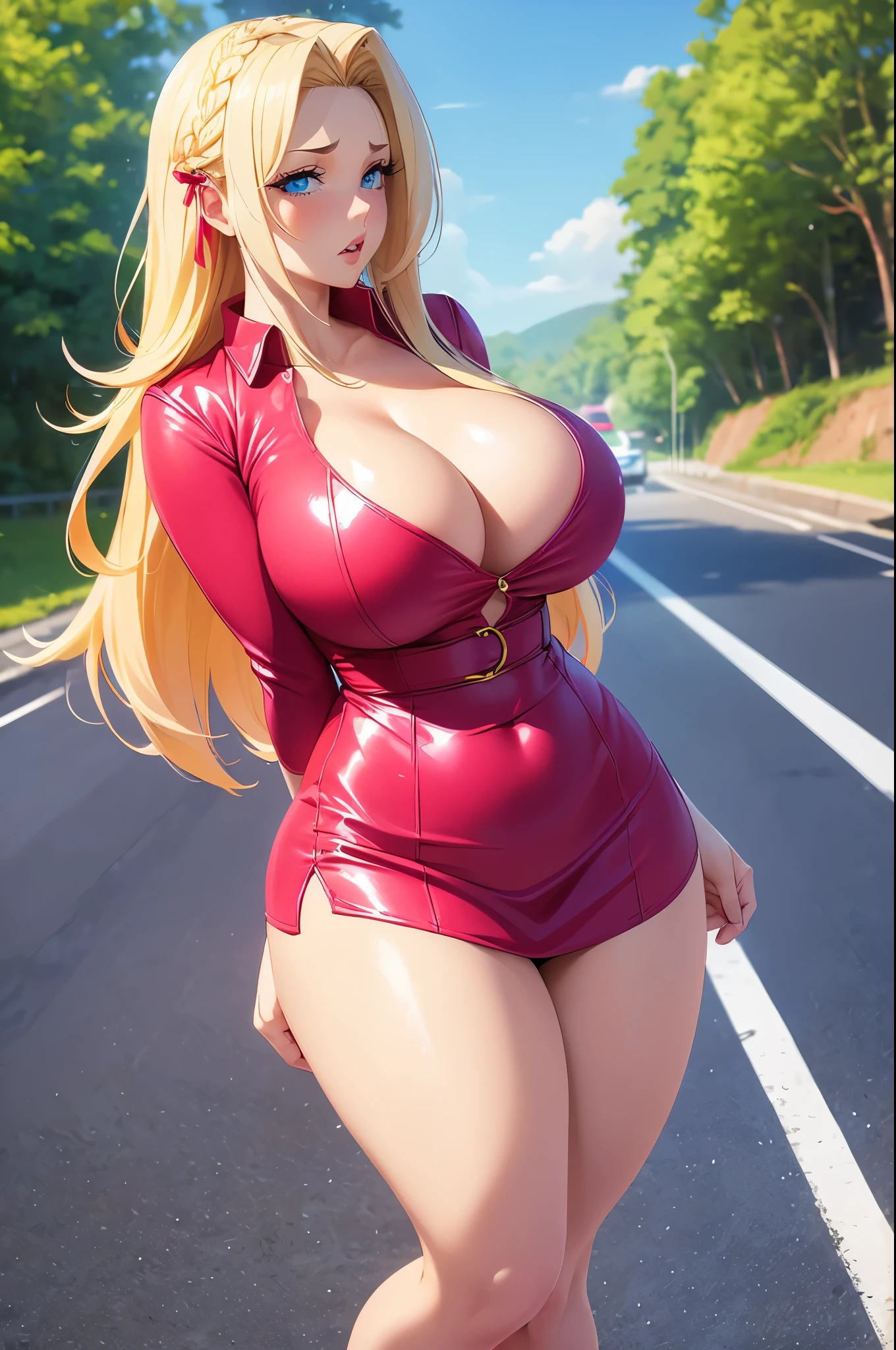 Extremely cute busty beautiful woman, super bright flawless shiny fair skin, bright pink blushes, big blue eyes, long blonde hair, red ribbon on hair, plain short revealing white top, yellow heels, tender arms, thick thighs, big ass, G-cup breasts, hourglass figure, pink lips, cute scared expression, empty road in background, day time