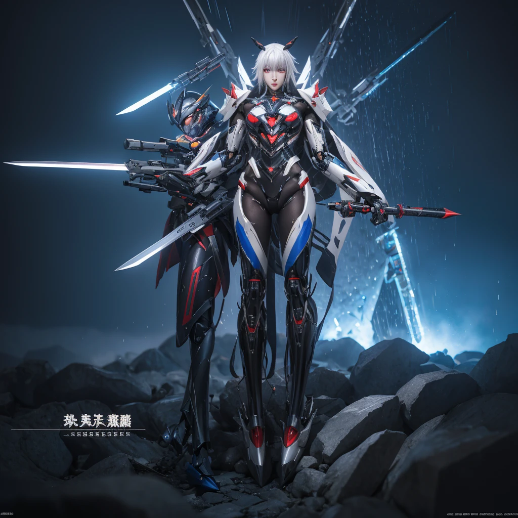 A woman in a futuristic suit holds a sword in front of the city, best anime 4k konachan wallpapers, beautiful clear face(Rain waves_haneame：1.5),Cyberpunk anime girl mecha, Mecha cyber armor girl, 動漫Mecha aesthetics, Mecha aesthetics, Modern mecha anime, anime wallpaper 4k, anime wallpaper 4k, Female mecha, from Arknights, Badass Anime 8K