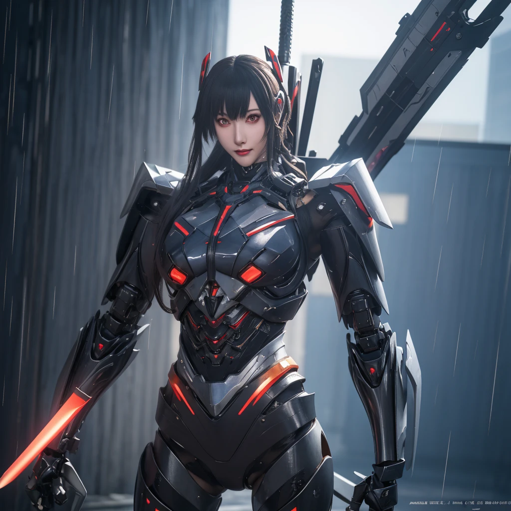 A woman in a futuristic suit holds a sword in front of the city, best anime 4k konachan wallpapers, beautiful clear face(Rain waves_haneame：1.5),Cyberpunk anime girl mecha, Mecha cyber armor girl, 動漫Mecha aesthetics, Mecha aesthetics, Modern mecha anime, anime wallpaper 4k, anime wallpaper 4k, Female mecha, from Arknights, Badass Anime 8K