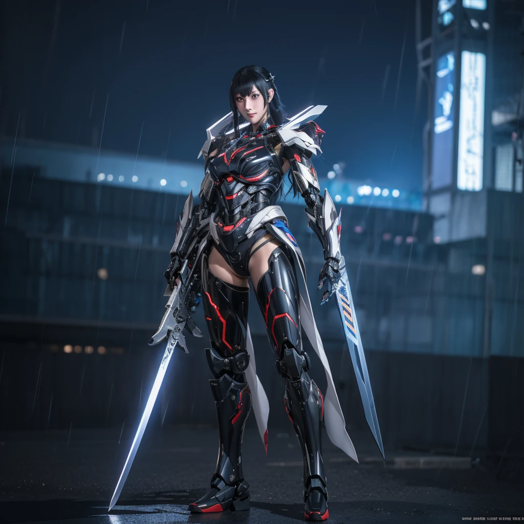 A woman in a futuristic suit holds a sword in front of the city, best anime 4k konachan wallpapers, beautiful clear face(Rain waves_haneame：1.5),Cyberpunk anime girl mecha, Mecha cyber armor girl, 動漫Mecha aesthetics, Mecha aesthetics, Modern mecha anime, anime wallpaper 4k, anime wallpaper 4k, Female mecha, from Arknights, Badass Anime 8K