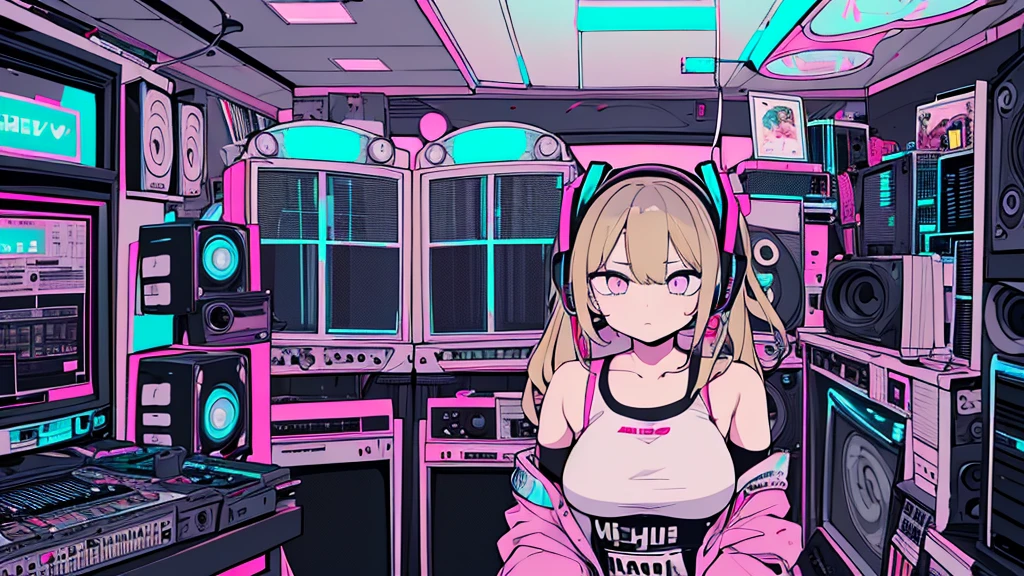 Best quality, (masterpiece), best detail face,1 girl, big breasts, 18 yo, 8k,absurdres,unity 8k wall paper,(extremely detailed:1.3), highest realistic, (retro headphones:), (soft neon light:), (psychedelic), Her room full of music equipment and records, sports wear , See the whole room , dark grey color pallet, blonde hair
