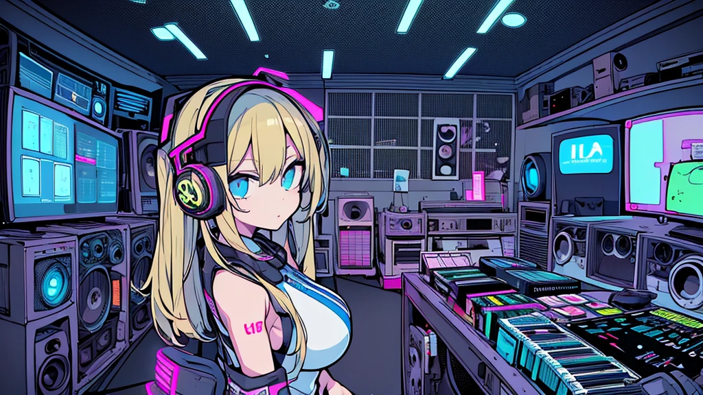 Best quality, (masterpiece), best detail face,1 girl, big breasts, 18 yo, 8k,absurdres,unity 8k wall paper,(extremely detailed:1.3), highest realistic, (retro headphones:), (soft neon light:), (psychedelic), Her room full of music equipment and records, sports wear , See the whole room , dark grey color pallet, blonde hair