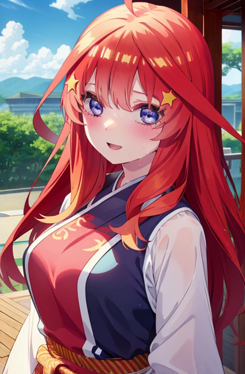 itsukinakano, Itsuki Nakano, bangs, blue eyes, hair between eyes, Ahoge, Redhead, star \(symbol\), happy smile, smile, Open your mouth,hair ornaments, star hair ornaments,(cheer leading), (whole body), Big Breasts, Lower, (Sweaty), Sweaty Wet Clothes (Red clothes), No sleeve,Belly button support, playground, (Jump), (Jump), 足を曲げてJumpする, air, blue sky, Grass原, smileのチアリーダー, Pom-pom \(cheer leading\), Grass, whole bodyがイラストに入るように,
break outdoors, Stadium,
break looking at viewer, whole body,
break (masterpiece:1.2), Highest quality, High resolution, unity 8k wallpaper, (shape:0.8), (Fine and beautiful eyes:1.6), Highly detailed face, Perfect lighting, Highly detailed CG, (Perfect hands, Perfect Anatomy), ,Best quality at best,tmasterpiece,16k,A woman in her 40s sits dignifiedly,Women pay attention to beautiful red Chinese style clothes,natta,rays of moonlight,asian architecture interior, HanFu,