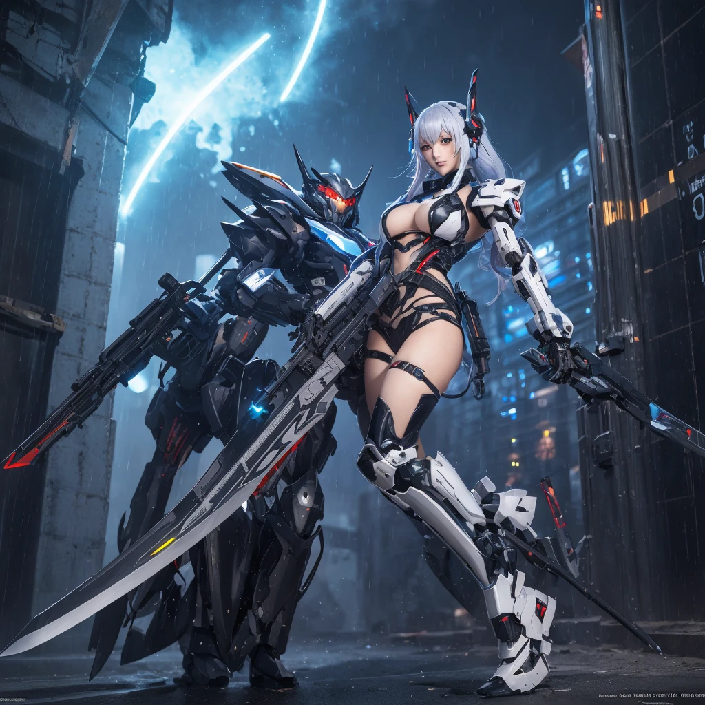 A woman in a futuristic suit holds a sword in front of the city, best anime 4k konachan wallpapers, beautiful clear face(Rain waves_haneame：1.5),Cyberpunk anime girl mecha, Mecha cyber armor girl, 動漫Mecha aesthetics, Mecha aesthetics, Modern mecha anime, anime wallpaper 4k, anime wallpaper 4k, Female mecha, from Arknights, Badass Anime 8K