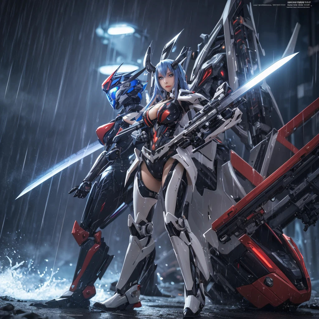 A woman in a futuristic suit holds a sword in front of the city, best anime 4k konachan wallpapers, beautiful clear face(Rain waves_haneame：1.5),Cyberpunk anime girl mecha, Mecha cyber armor girl, 動漫Mecha aesthetics, Mecha aesthetics, Modern mecha anime, anime wallpaper 4k, anime wallpaper 4k, Female mecha, from Arknights, Badass Anime 8K