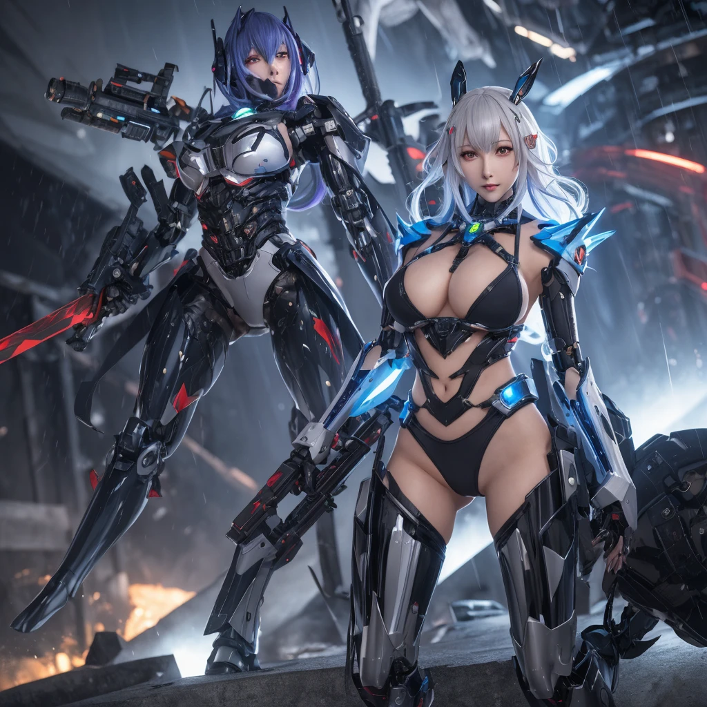 A woman in a futuristic suit holds a sword in front of the city, best anime 4k konachan wallpapers, beautiful clear face(Rain waves_haneame：1.5),Cyberpunk anime girl mecha, Mecha cyber armor girl, 動漫Mecha aesthetics, Mecha aesthetics, Modern mecha anime, anime wallpaper 4k, anime wallpaper 4k, Female mecha, from Arknights, Badass Anime 8K