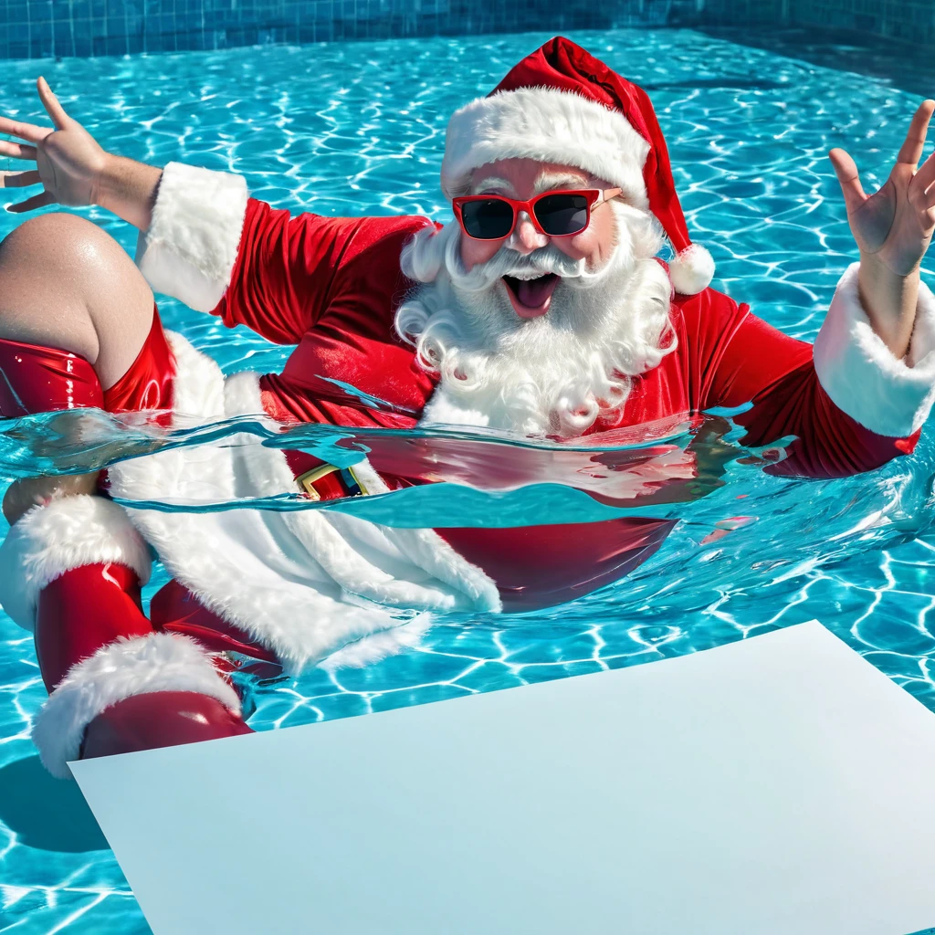 Captures an image from different angles of a pool on which a very fat and smiling Santa Claus floating in the water bathing with sunglasses, very happy and holding a giant blank sign without text in his hands above his head, Santa's helpers who are on vacation also accompany him in the pool. All the action takes place under a bright sun on a Mediterranean beach with impressive lighting for a perfect shot. Professional photography, 8k, RAW photo, The best quality, masterpiece, photorealistic, Highly detailed, cinematic lighting, sharp focus, réflex digital, high resolution, photorealistic,