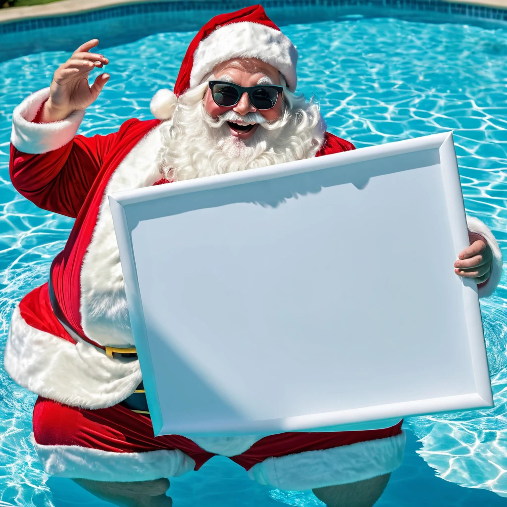 Captures an image from different angles of a pool on which a very fat and smiling Santa Claus floating in the water bathing with sunglasses, very happy and holding a giant blank sign without text in his hands above his head, Santa's helpers who are on vacation also accompany him in the pool. All the action takes place under a bright sun on a Mediterranean beach with impressive lighting for a perfect shot. Professional photography, 8k, RAW photo, The best quality, masterpiece, photorealistic, Highly detailed, cinematic lighting, sharp focus, réflex digital, high resolution, photorealistic,
