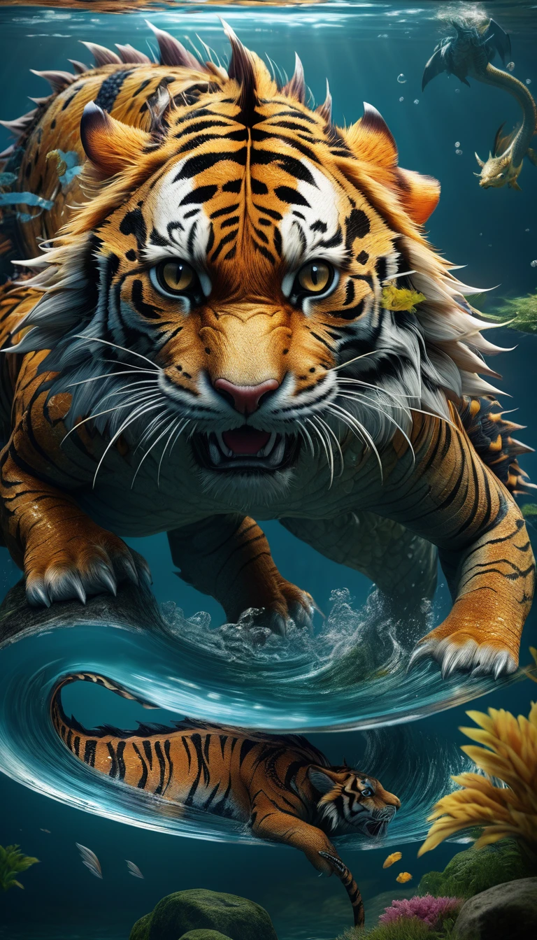 Panorama,A creature in water,Dragon and tiger combination creature(best quality,4K,8k,High level,masterpiece:1.2),Ultra Detailed,(lifelike,Photo real,Photo real:1.37),Highly detailed animals,Complex patterns,Realistic lighting,Fantasy Creatures