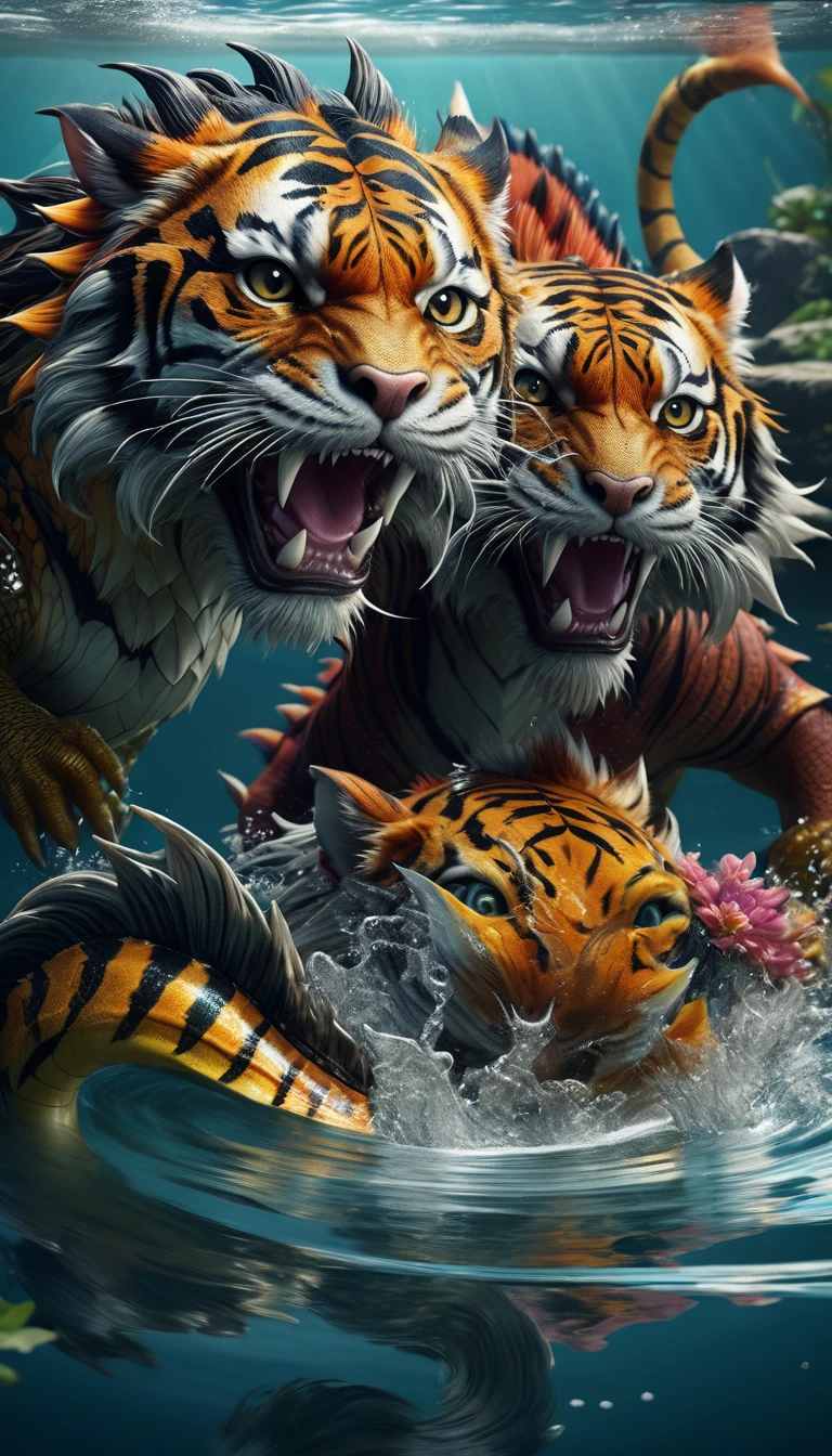 Panorama,A creature in water,Dragon and tiger combination creature(best quality,4K,8k,High level,masterpiece:1.2),Ultra Detailed,(lifelike,Photo real,Photo real:1.37),Highly detailed animals,Complex patterns,Realistic lighting,Fantasy Creatures