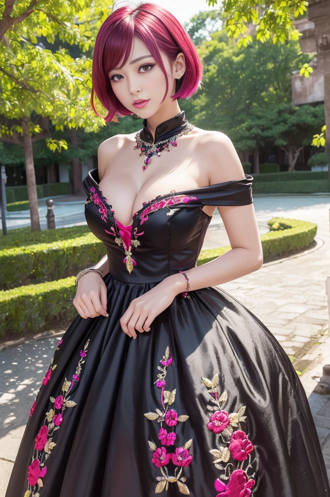 (masterpiece:1.4), (best quality:1.4), ultra high res, ultra high resolution, ((detailed facial features)), HDR, (realistic, photorealistic, photo-realistic:1.37), full body Esbian, sexy Thai model, (-anime), vivid colors, ((vivid colors multicolor (red, fuchsia) very short hair)), (happy smile), lip-gloss, long lashes, ultra detailed metallic makeup, defined eyebrows, wearing large sparkling colorful jewelery, (wearing a red silk Paradise Kiss cosplay dress with black floral embroidery), ((vivid colors outfit)), vivid colors, look at the camera, cinematic light, large park background with trees, sweet and sexy pose