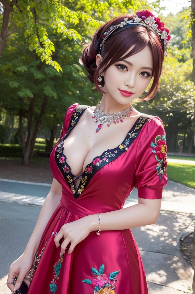 (masterpiece:1.4), (best quality:1.4), ultra high res, ultra high resolution, ((detailed facial features)), HDR, (realistic, photorealistic, photo-realistic:1.37), full body Esbian, ???? Thai model, (-anime), vivid colors, ((vivid colors multicolor (red, fuchsia) very short hair)), (happy smile), lip-gloss, long lashes, ultra detailed metallic makeup, defined eyebrows, wearing large sparkling colorful jewelery, (wearing a red silk Paradise Kiss cosplay dress with black floral embroidery), ((vivid colors outfit)), vivid colors, look at the camera, cinematic light, large park background with trees, sweet and ???? pose