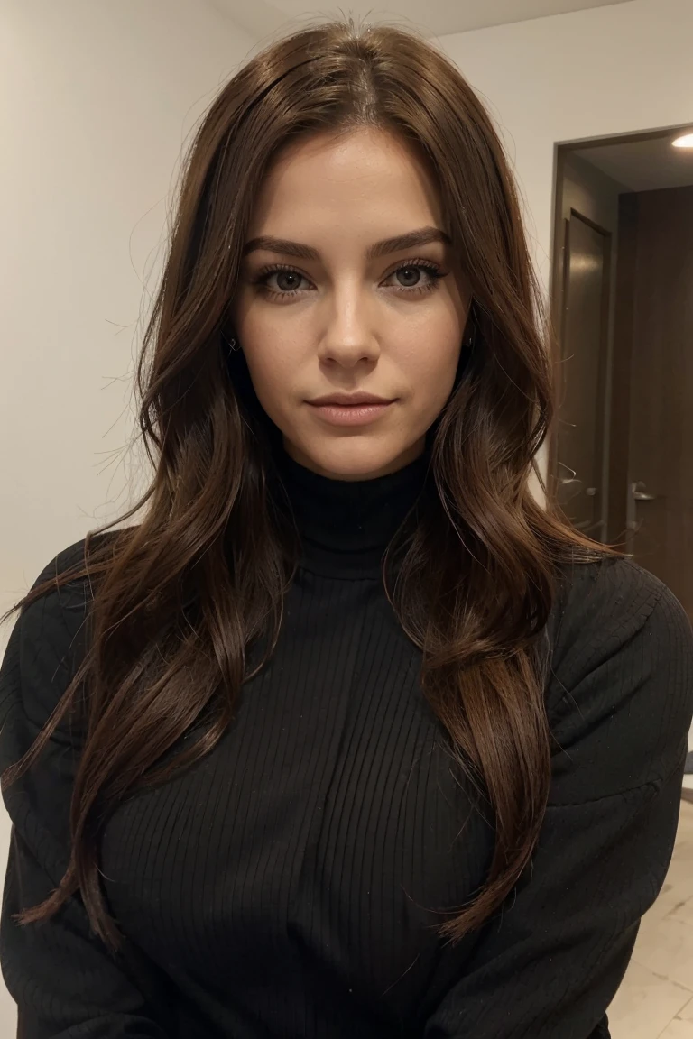 1 femme adulte, cheveux longs, cheveux bouclés, couleur de cheveux noirs, peau douce, yeux marrons, sourir, végétation, Occasionnel, Vêtements de style femme d'affaires, blazer marron clair, réaliste, avec fond dans un restaurant chic, 8k super réaliste, super detalhado e réalist