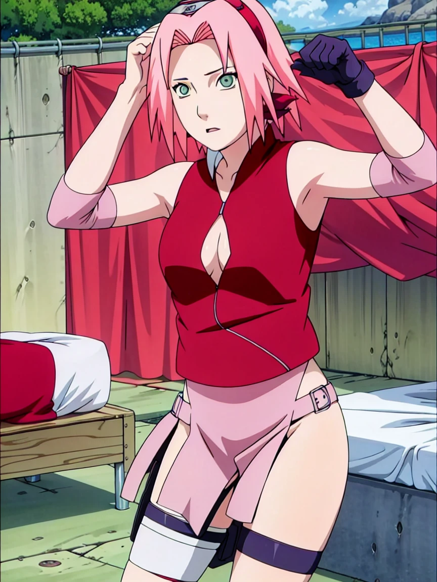 Sakura Haruno nude,wide hips,abdomen,sexy ,Show your armpits,Leg kick, Raise your legs high.,IPST, naked,Torn shirt,far corner,sleep, Behind the bed,open shirt,nipple, ห้องsleep, Behind the bed