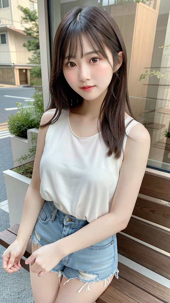 A hyper-realistic full-body image of a beautiful young Japanese woman standing in front of a wooden bench and window, wearing a white sheer blouse over a white tank top and denim shorts. She has long, straight dark hair and is wearing brown sandals. She is posing with her hands together in front of her, and she is looking directly at the camera with a gentle expression. The background shows a wooden structure with glass windows, reflecting an outdoor scene. The style is photorealistic, with extremely high resolution and realistic details, making her appear very lifelike.
