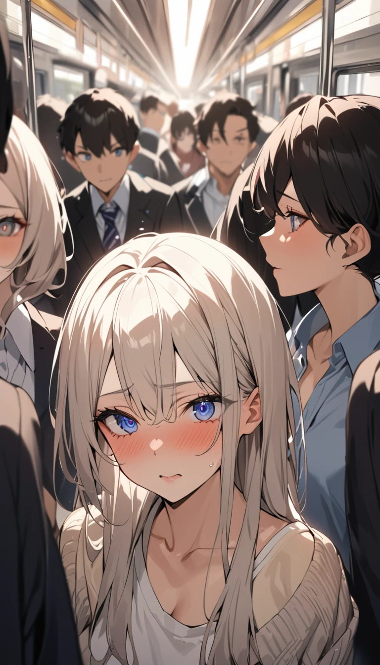 masterpiece, High resolution, perfect face, Japan beauties, 30 years old, beautiful face, in the crowded train, high school student, embarrassed look, look at the camera, (top quality eyes), detailed texture, Look at me, Married woman, cool women, ((high resolution eyes)), face