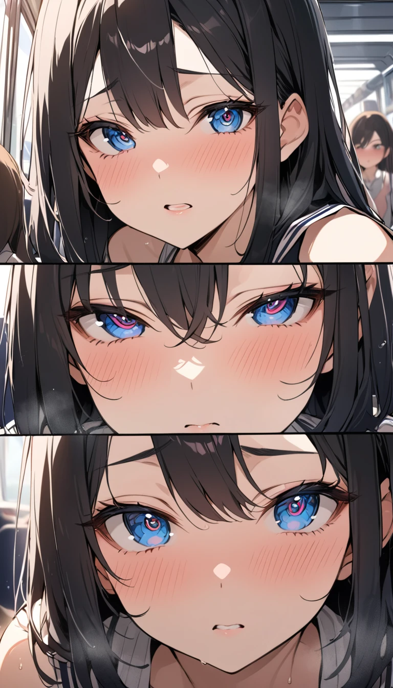masterpiece, High resolution, perfect face, Japan beauties, 30 years old, beautiful face, in the crowded train, high school student, embarrassed look, look at the camera, (top quality eyes), detailed texture, Look at me, Married woman, cool women, ((high resolution eyes)), hentai face