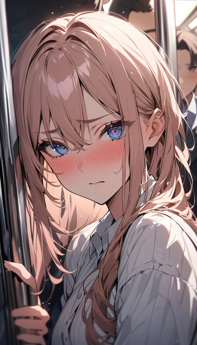 masterpiece, High resolution, perfect face, Japan beauties, 30 years old, beautiful face, in the crowded train, high school student, embarrassed look, look at the camera, (top quality eyes), detailed texture, Look at me, Married woman, cool women, ((high resolution eyes)), hentai face