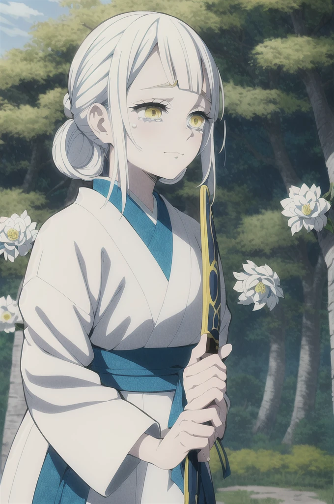 kimetsu no yaiba style, 1girl, white hair , solo, yellow eyes, holding a katana ,white hair, white kimono with blue flowers , outdoors, tree, anime coloring, ((masterpiece)) , day background , beautiful girl, cute, solo , crying face while holding her face ((high quality))