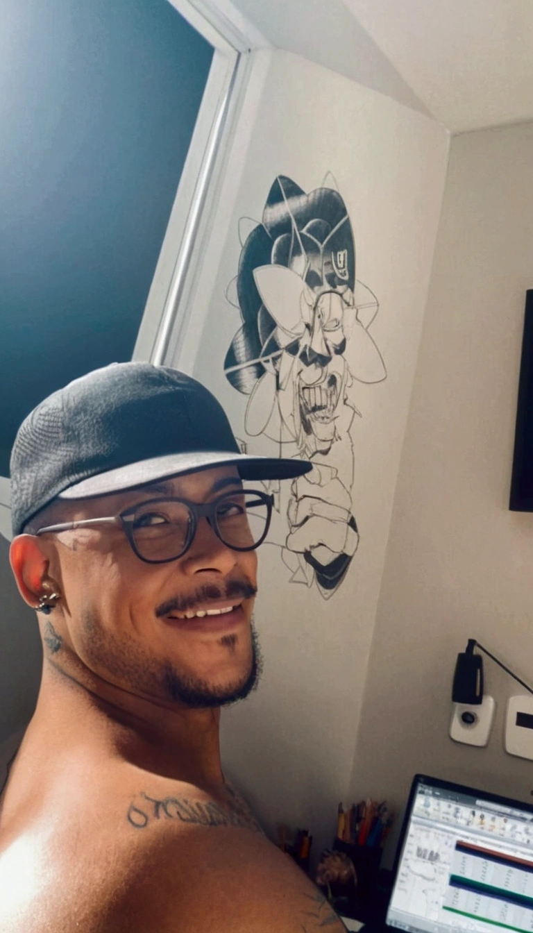 Illustration of smiling man, com bone, Light brown skin man, with glasses, with goatee and mustache, tattoo on left arm, headshot profile picture, laughing huge smile, drawing in 3D Art style, C4D, pure white color background, Disney  style, pixar style render illustration Super Detail, 8k