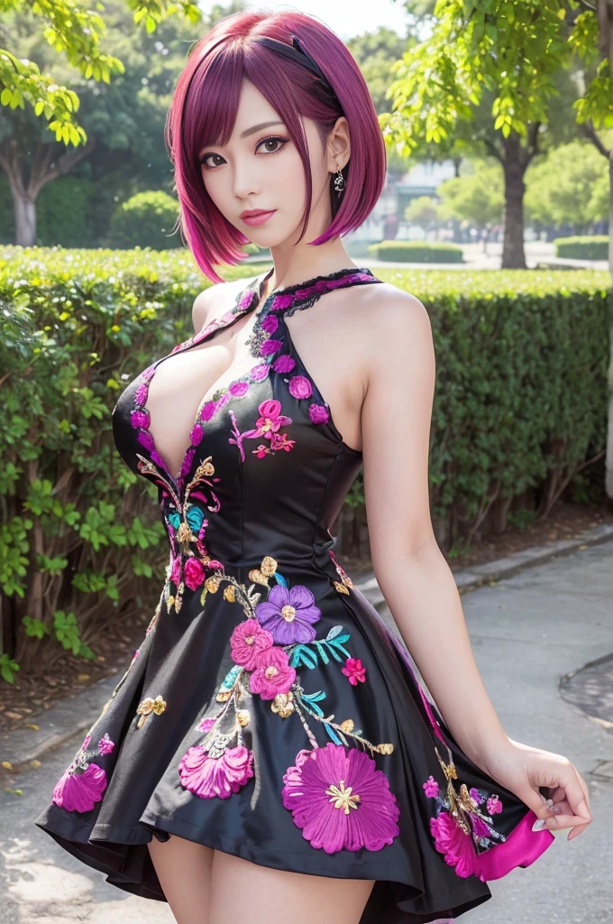 (masterpiece:1.4), (best quality:1.4), ultra high res, ultra high resolution, ((detailed facial features)), HDR, (realistic, photorealistic, photo-realistic:1.37), full body Esbian, sexy Indonesian model, (-anime), vivid colors, ((vivid colors multicolor (pink, red, purple) very short hair)), (happy smile), lip-gloss, long lashes, ultra detailed metallic makeup, defined eyebrows, wearing large sparkling colorful jewelery, (wearing a red silk Paradise Kiss cosplay dress with black floral embroidery), ((vivid colors outfit)), vivid colors, look at the camera, cinematic light, large park background with trees, sweet and sexy pose