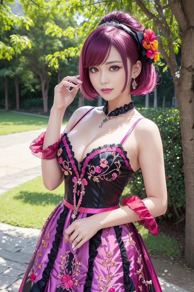 (masterpiece:1.4), (best quality:1.4), ultra high res, ultra high resolution, ((detailed facial features)), HDR, (realistic, photorealistic, photo-realistic:1.37), full body Esbian, sexy Indonesian model, (-anime), vivid colors, ((vivid colors multicolor (pink, red, purple) very short hair)), (happy smile), lip-gloss, long lashes, ultra detailed metallic makeup, defined eyebrows, wearing large sparkling colorful jewelery, (wearing a red silk Paradise Kiss cosplay dress with black floral embroidery), ((vivid colors outfit)), vivid colors, look at the camera, cinematic light, large park background with trees, sweet and sexy pose