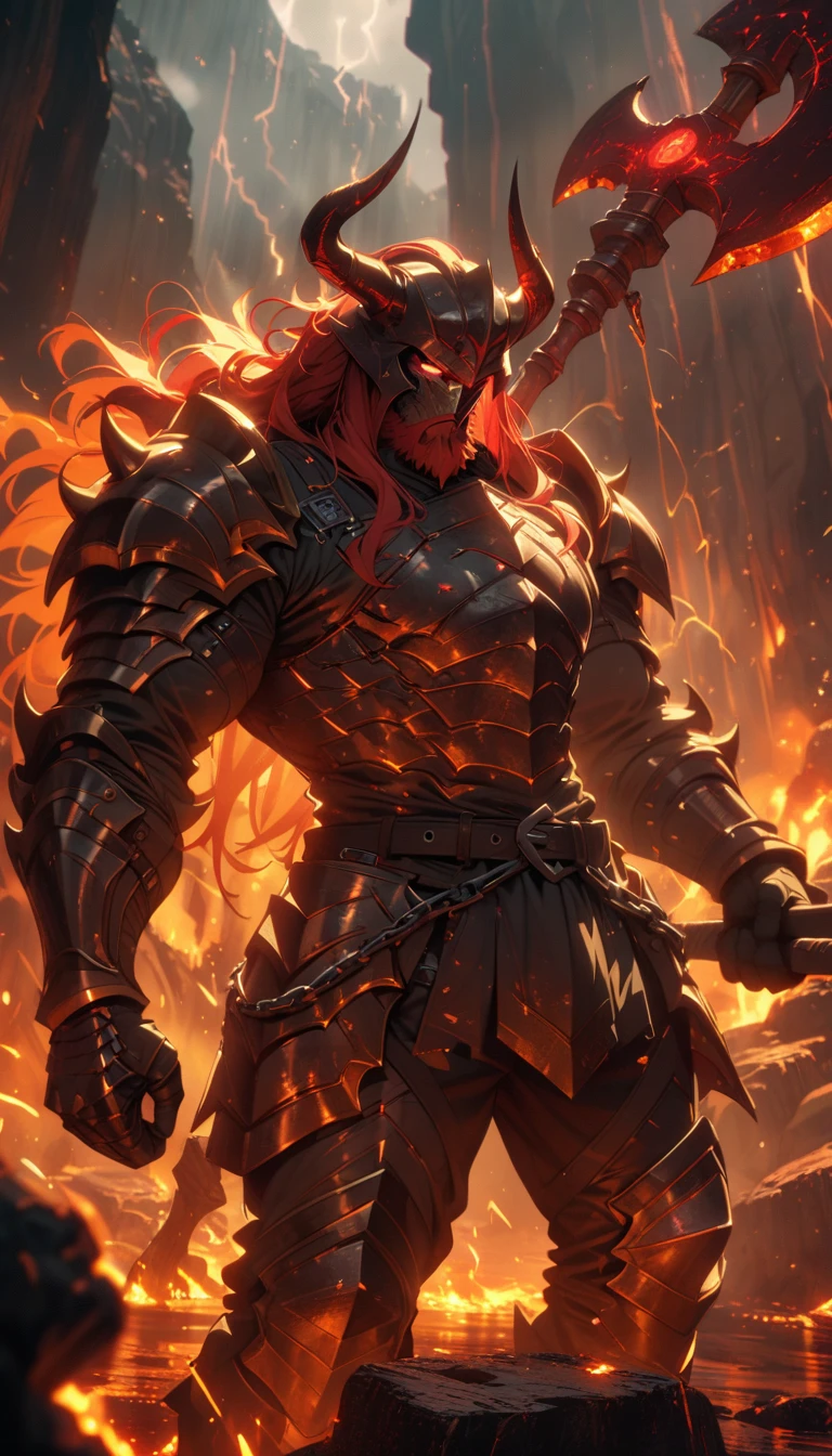 ((best quality)) , ((masterpiece)) , (detailed),axe, 1boy, male focus, horns, glowing eyes, holding, beard, glowing, solo, weapon, holding axe, facial hair, muscular, fire, holding weapon, chain, looking at viewer, long hair, lightning, muscular male, red hair, horned helmet, armor, helmet, belt, fake horns, molten rock, feet out of frame, standing, battle axe, electricity