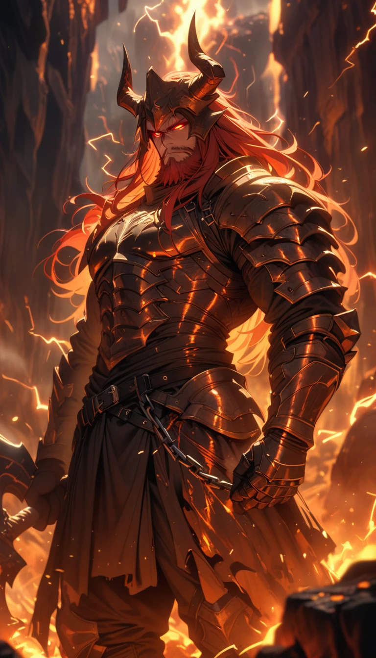 ((best quality)) , ((masterpiece)) , (detailed)，axe, 1boy, male focus, horns, glowing eyes, holding, beard, glowing, solo, weapon, holding axe, facial hair, muscular, fire, holding weapon, chain, looking at viewer, long hair, lightning, muscular male, red hair, horned helmet, armor, helmet, belt, fake horns, molten rock, feet out of frame, standing, battle axe, electricity