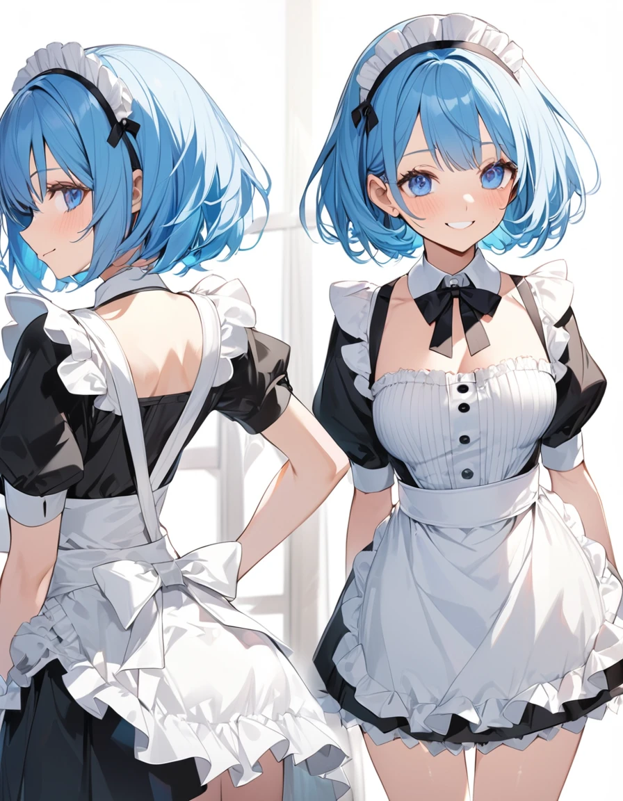 Beautiful girl in maid、whole body、Standing posture、(Top quality illustrations:1.2), (pretty girl:1.1), (1 girl、、Top quality illustrations:1.2), (1 girl、smile、Beautiful breasts、Highly detailed eyes:1.2)、Bright blue hair、Short Bob Hair、(Black and white maid costume、White knee-high socks) 、White background、Simple Background
