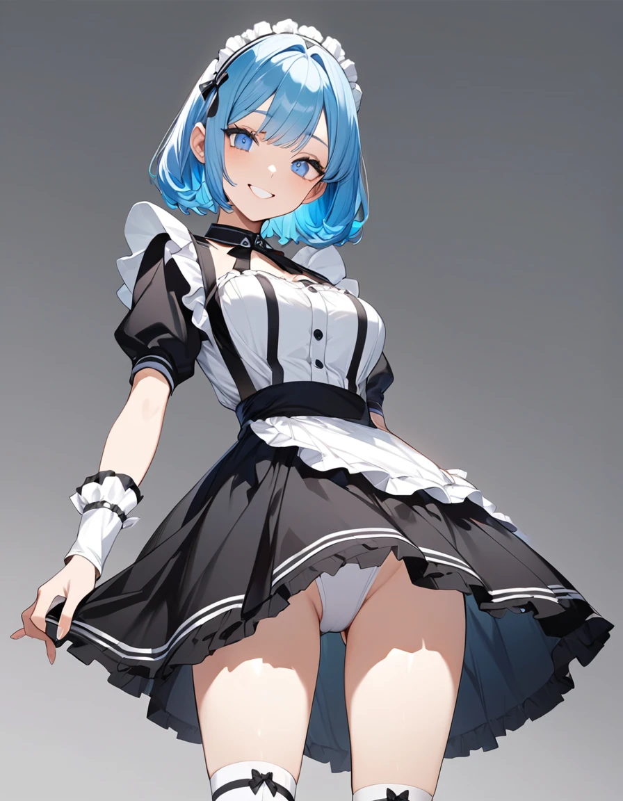 Beautiful girl in maid、whole body、Standing posture、(Top quality illustrations:1.2), (pretty girl:1.1), (1 girl、17 years old、Top quality illustrations:1.2), (1 girl、smile、Beautiful breasts、Highly detailed eyes:1.2)、Bright blue hair、Short Bob Hair、(Black and white maid costume、White knee-high socks) 、White background、Simple Background
