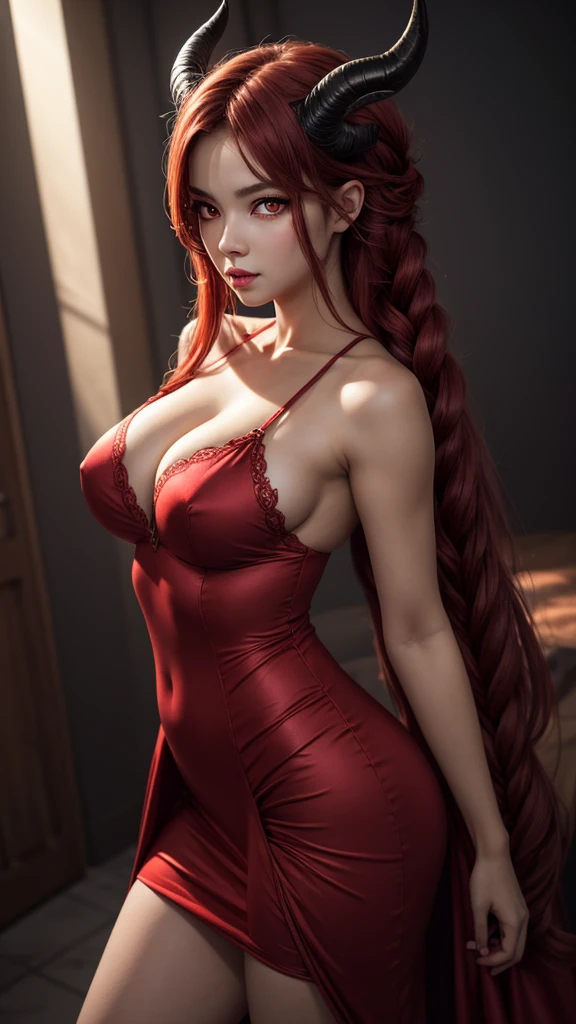 Succubus queen, sexy girl with two horns, posing in full height , very big round elastic breasts, 25 year old girls, a seductive facial expression , Beauty face, high detail, Lip beauty, Photorealistic, Ultra realistic, Background, rtx on, color correction, perspective, depth of field, line of sight, tonal colors, 8 k, Full HD, perfectionism, rim lighting, daylight, soft lighting, Accent lighting, Diffraction assessment, hot woman , Super detailed, (( Detailed Beautiful red Eyes )) , blood red hair, long hair, many braids hairstyle , ( fantasy red dress )