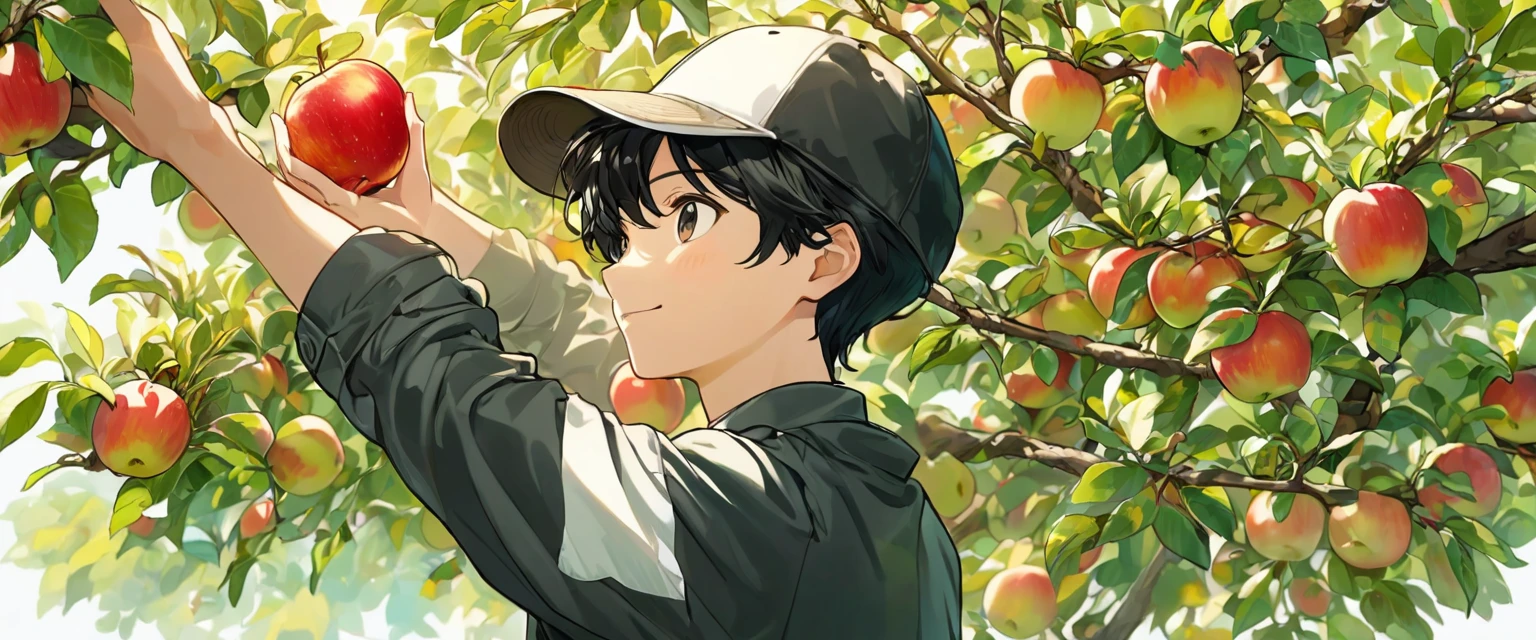 Drawing of a black-haired boy,Wearing a baseball cap on his head, Taking a photo standing on an apple tree, Apple in hand, A sunny face, Close-up of a happy and lively character( Perfect anatomical structure ),Blank background on the left,
Beautiful and extremely fine texture,detailed, bright, High-quality animation style presentation