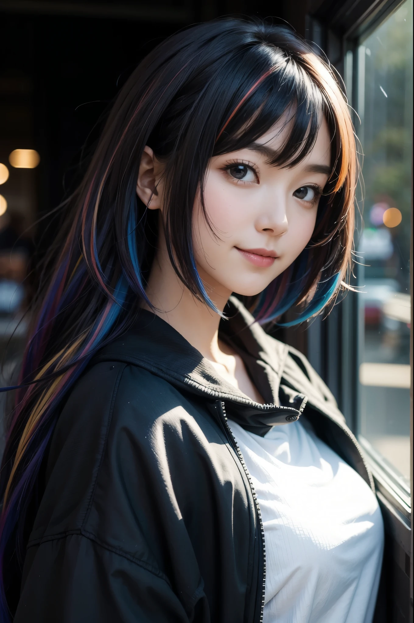 incredibly absurdres absolutely resolution, ultra detailed, official art, 8K wallpaper, masterpiece,
BREAK
bokeh photography, soft focus, multiple exposure, feeling of transparency, reflected light, led lighting,
BREAK
couture design coat, (oversized:1.4) sweater,
BREAK
(multicolor hair:1.4), enormous breasts, Black hair, seductive smile, bashfully smile, mysterious aura,