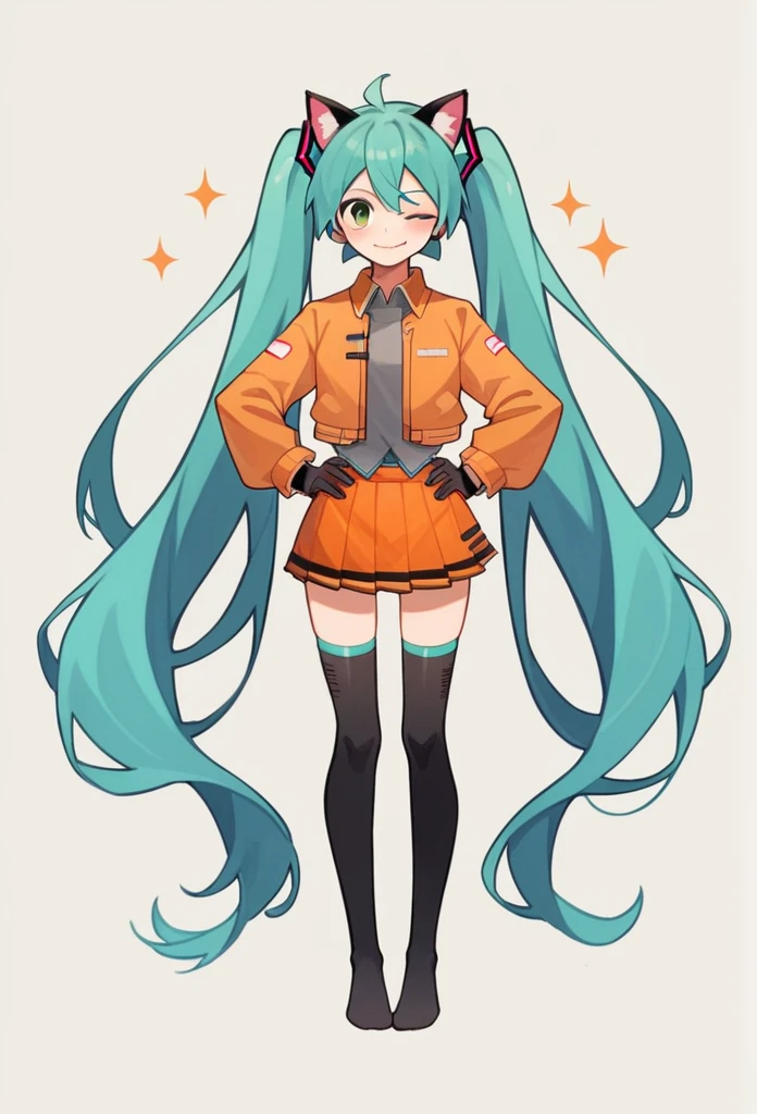 1girl, full body, white background, standing, Hatsune Miku, brown cat ears, brown eyes, black top, orange open jacket, medium sleeves, jacket over top, orange short skirt, jacket over skirt, black gloves, black thigh high socks, no shoes, hands on own hips, one eye closed, light smile, facing viewer,