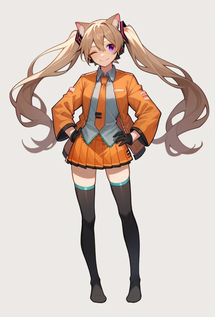 1girl, full body, white background, standing, Hatsune Miku, brown cat ears, brown eyes, black top, orange open jacket, medium sleeves, jacket over top, orange short skirt, jacket over skirt, black gloves, black thigh high socks, no shoes, hands on own hips, one eye closed, light smile, facing viewer,