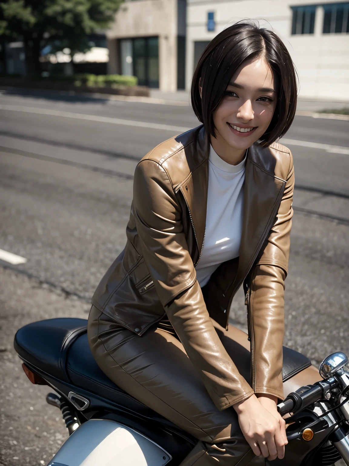 smile、Elegant adult woman、Short Bob Hair、Long sleeves and pants、Beige racing leather suit、Riding a motorcycle on the road