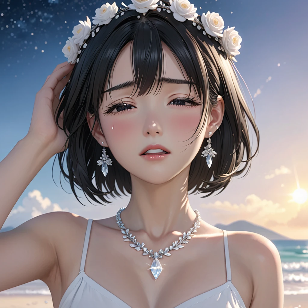 National Science Foundation,masterpiece,High resolution,8k,Art,digit,Three-dimensional,Realism,Kyoto Animation Style,your name movie style,looking into camera,cute,On the scenic beach,(1 girl: 1.3),(alone: 1.4),(Upper body nudity),Put your hands behind your head,White rose crown,white crystal necklace,White crystal earrings,Black hair,Long eyelashes,Slender legs,Short Bob,Close-up of upper body,Close-up,(A Closer Look),Eyes as deep as the starry sky,Close your eyes,shy,blush,pain,sad,sad,cry,Tears,open mouth