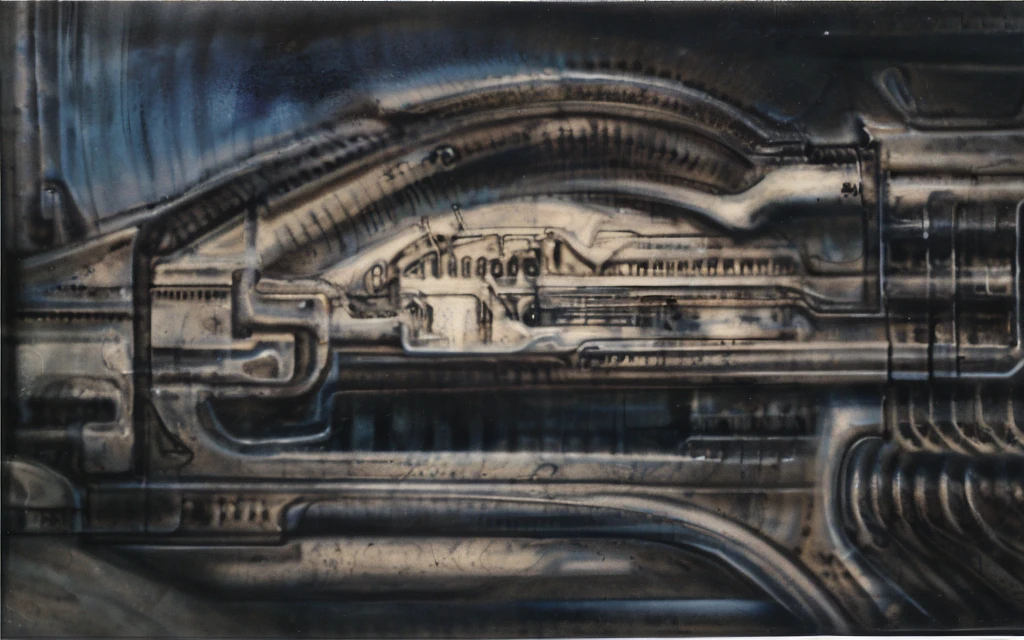 g1g3r, The image is a detailed view of H.R. Giger's biomechanical tableau \" LANDSCAPE No 312 \" plate, featuring
a complex, intricate, and detailed design of endless Machine in the transit space over the cascade of fallen water, that appears to be a fusion of organic and mechanical elements, with a focus on the interplay between the two.The piece is a tableau, most likely created with a India ink pen or pencil on paper, determined by the thin lines, shading techniques, and the texture of the paper, which is visible around the edges.
Used is pen, given the shading and variations in line weight visible in the image. Artist have used a variety of stylus with different degrees of hardness to achieve the shading effects.
The use of undersaturated green-grays dark contrasts creates a stark and graphic look. Is used a variety of linework techniques to create different textures. Fine, parallel lines create a smooth, metallic texture,while thicker, more cursive lines suggest cables or wires.
Light source from the top highlights skeletals, pper part of foreground, lower part of image is in shadowupper part of foreground, lower part of image is in shadow.
The art performance showcases the artist’s skills in observation and rendering. The level of detail in the piece suggests a close study of real bone specimens and mechanics. The artist has skillfully used shading techniques to create a convincing illusion of three-dimensionality on a flat surface. The wrinkles and cracks in the surface, and the cast shadows with accuracy, used shading techniques to create a realistic depiction of light and shadow on the objects. This creates a sense of depth and dimension in the image. The artist has used careful linework to depict the contours and textures in the piece
Sharp focus on foreground elements illustration. Deep and delicate DOF. Big painting. Stored in Louvre masterpiece, ooze soaked pajama top