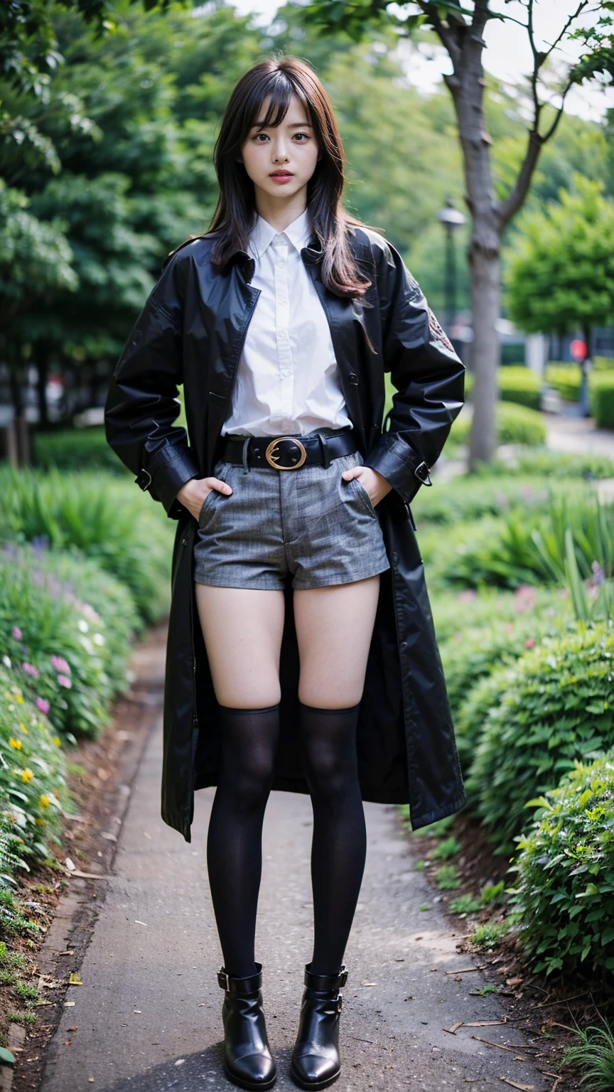 (8k、RAW Photos、Highest quality、masterpiece:1.2)、(Realistic、Realistic)、1 Girl、((coat、Black shorts、Shortcuts、Check shirt、Thin legs、boots、tights、garden、View from the front、Looking at the camera、belt、Hands on your hips))、cute