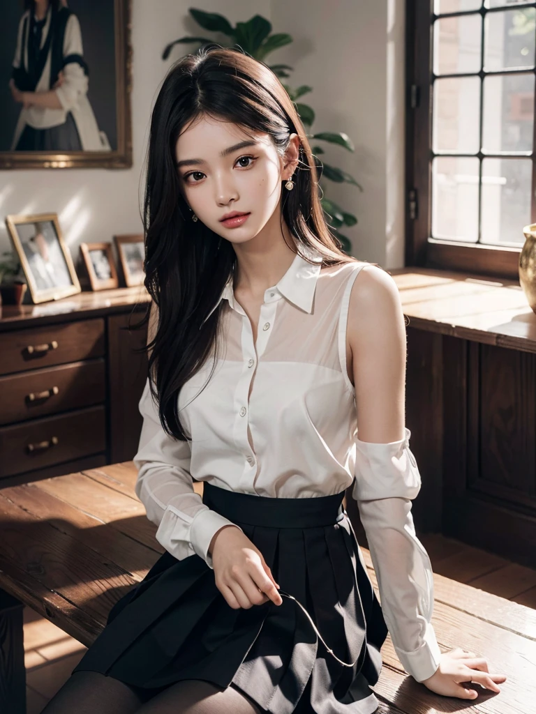 absurdres, RAW photo, extremely delicate and beautiful, masterpiece, Best Quality, ultra high resolution, 32k, hyperrealistic, ultra-detailed, perfect anatomy, super Detailed skin, perfect figure, Super Beauty, Perfect Style, Perfect balance, Beautiful Lighting, Perfect Lightning, Realistic Shadows, 20 years old, very Slim body, narrow waist, very small head, very small face, delicate facial features, handsome detailed woman, very detailed eyes and face, realistic face proportions, Realistic beautiful face, Realistic beautiful eyes, tearful mole, earring, very huge round breasts, legs, medium hair, asymmetrical hair, full_body_shot, indoor, school_uniform, short skirt,