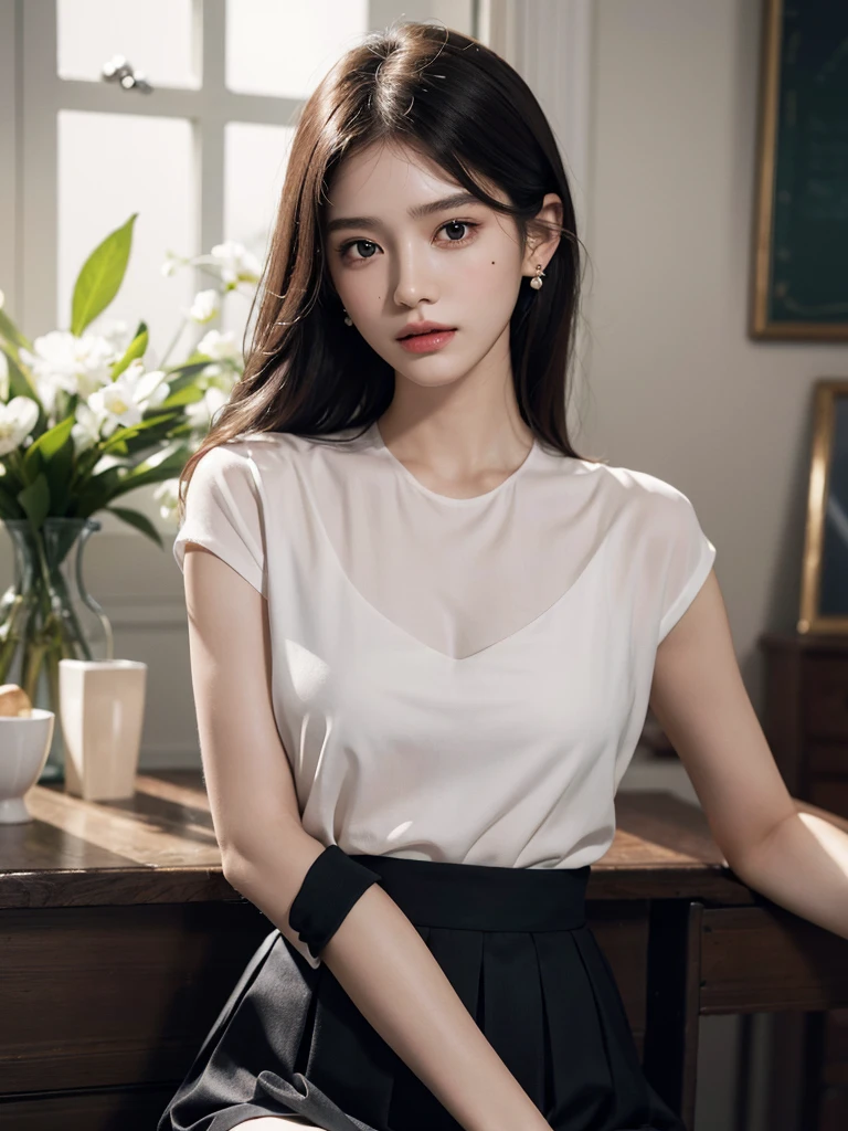 absurdres, RAW photo, extremely delicate and beautiful, masterpiece, Best Quality, ultra high resolution, 32k, hyperrealistic, ultra-detailed, perfect anatomy, super Detailed skin, perfect figure, Super Beauty, Perfect Style, Perfect balance, Beautiful Lighting, Perfect Lightning, Realistic Shadows, 20 years old, very Slim body, narrow waist, very small head, very small face, delicate facial features, handsome detailed woman, very detailed eyes and face, realistic face proportions, Realistic beautiful face, Realistic beautiful eyes, tearful mole, earring, very huge round breasts, legs, medium hair, asymmetrical hair, full_body_shot, indoor, school_uniform, short skirt,