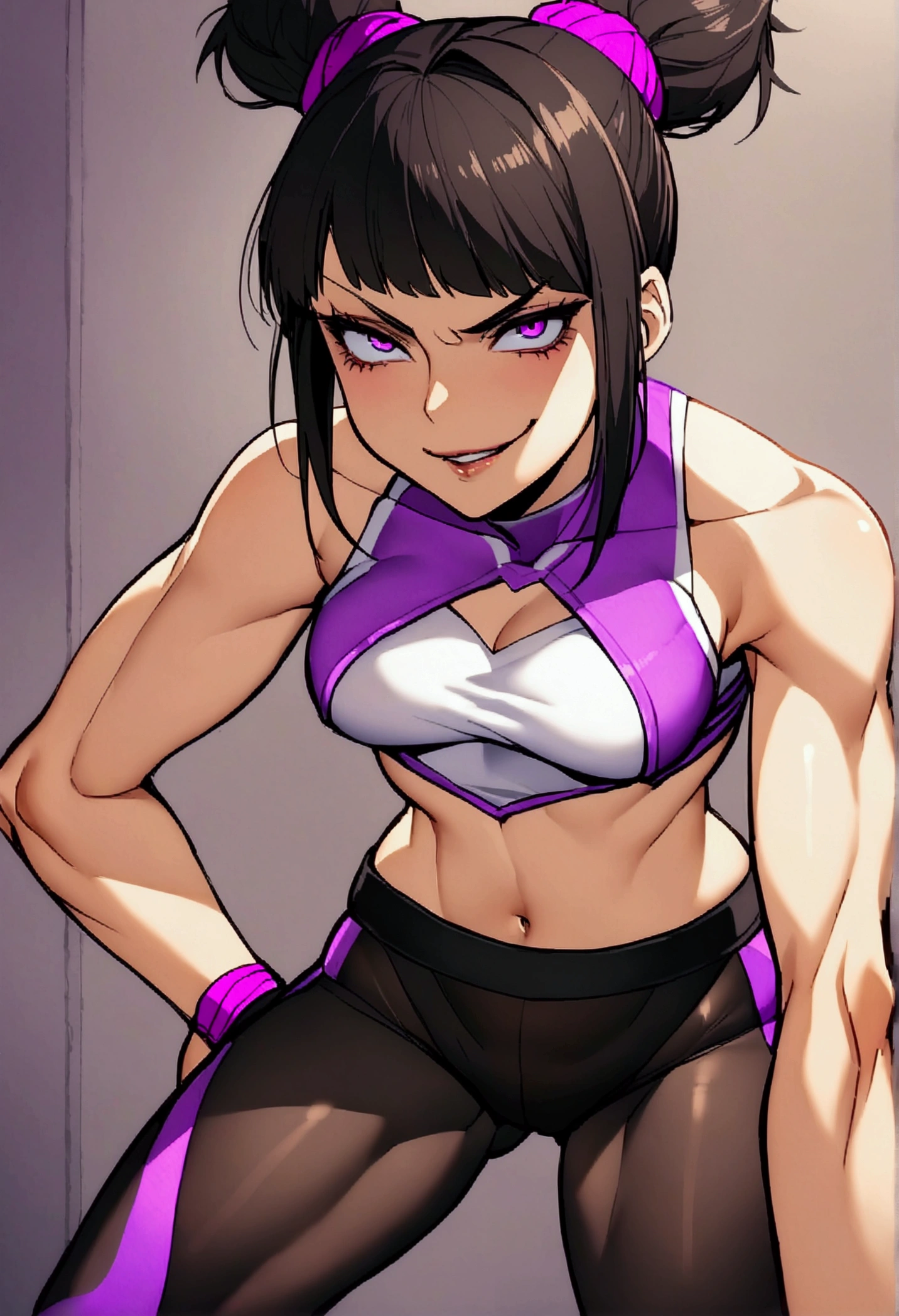 Juri Han,bright purple eyes,beautiful young fitness woman , in a gym wearing May with black pantyhose, Evil smile,tomboy. only , sensuous
