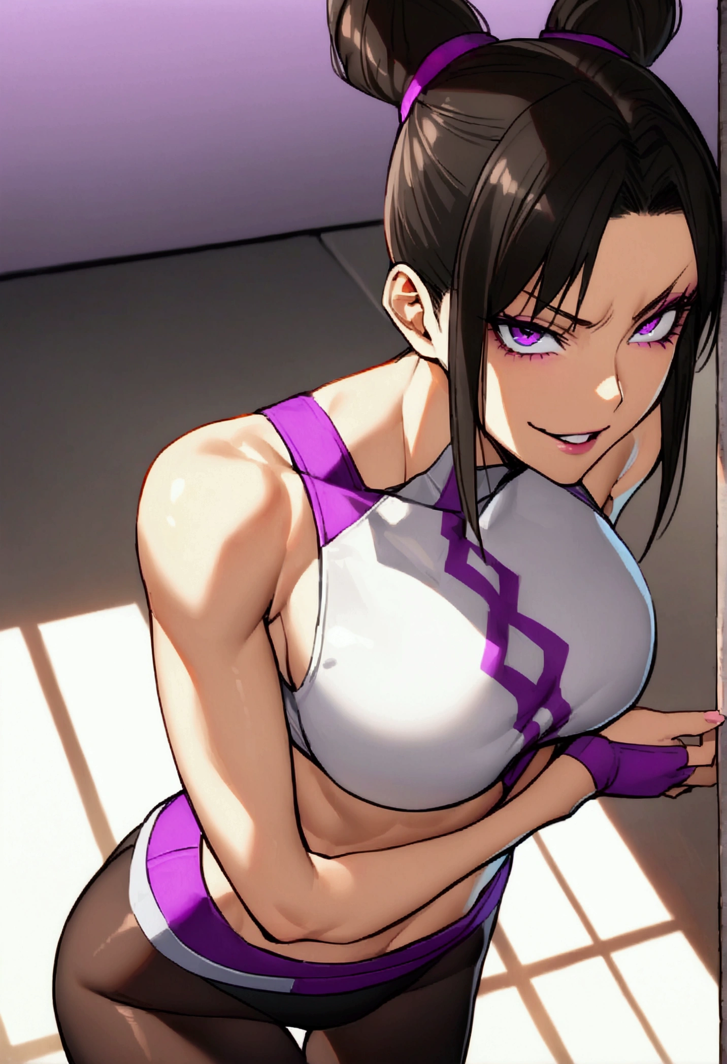 Juri Han,bright purple eyes,beautiful young fitness woman , in a gym wearing May with black pantyhose, Evil smile,tomboy. only , sensuous