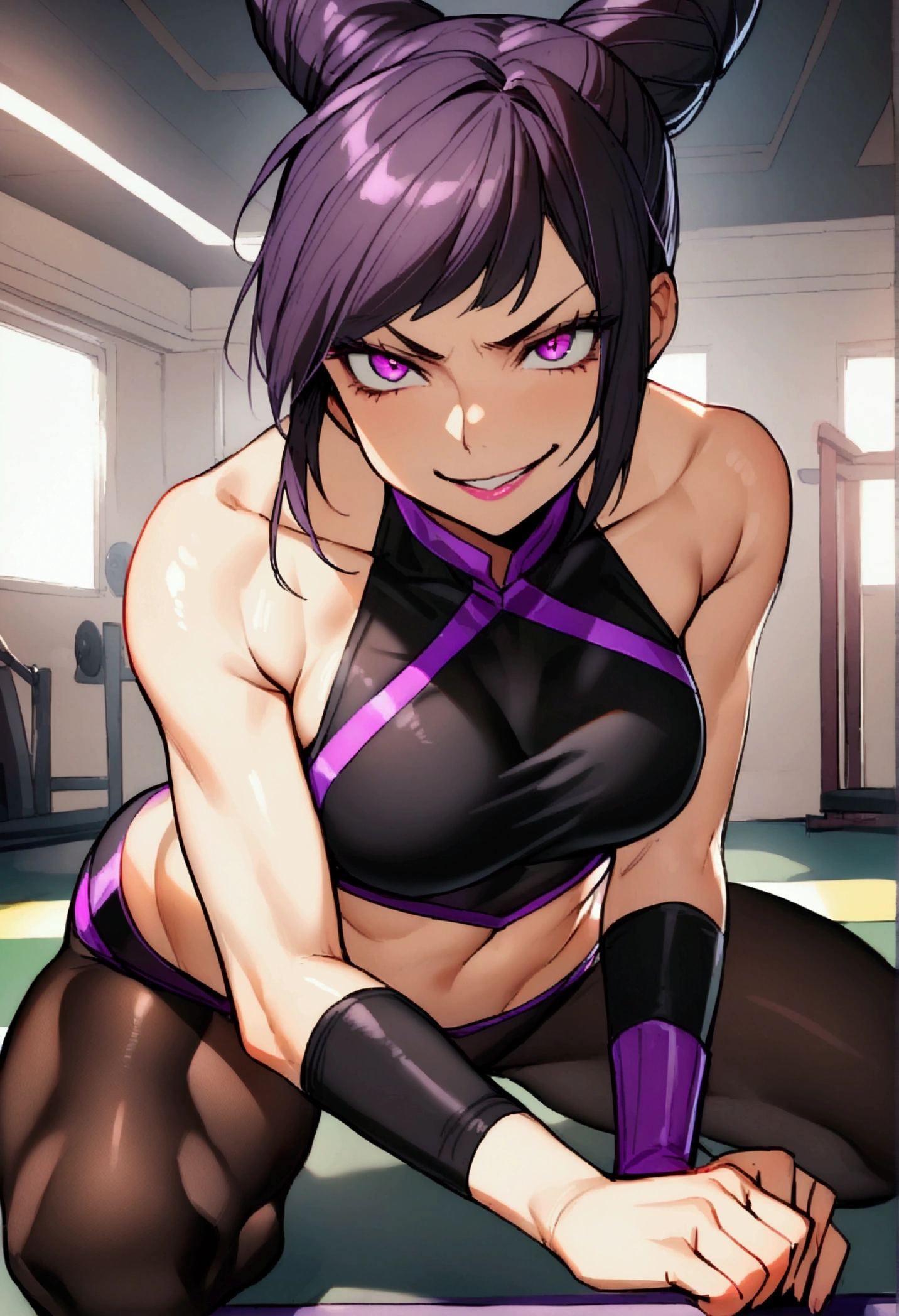 Juri Han,bright purple eyes,beautiful young fitness woman , in a gym wearing May with black pantyhose, Evil smile,tomboy. only , sensuous
