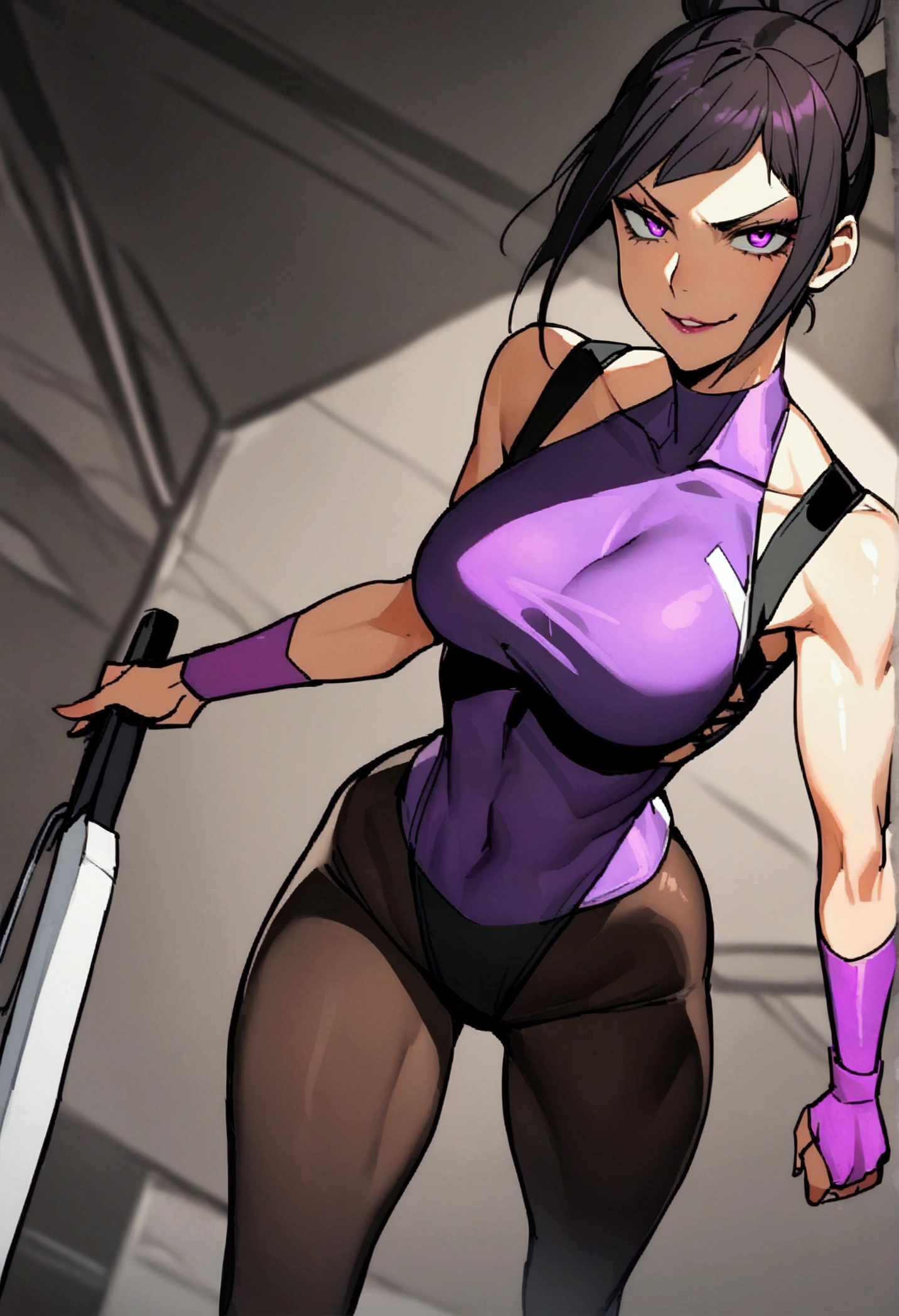 Juri Han,bright purple eyes,beautiful young fitness woman , in a gym wearing May with black pantyhose, Evil smile,tomboy. only , sensuous