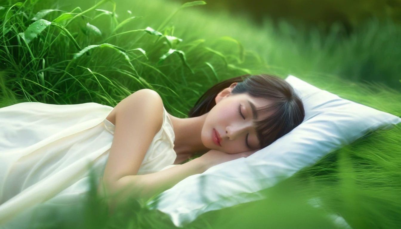 (masterpiece,Japanese), Highest quality, One girl, (Sleeping in a forest of lush grass and leaves),Realistic photos, Professional photos, ((Overlooking,A hazy atmosphere))