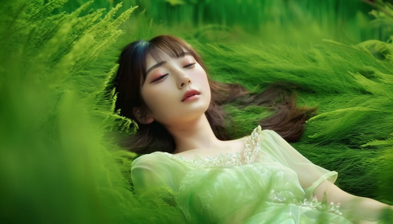 (masterpiece,Japanese), Highest quality, One girl, (Sleeping in a forest of lush grass and leaves),Realistic photos, Professional photos, ((Overlooking,A hazy atmosphere))