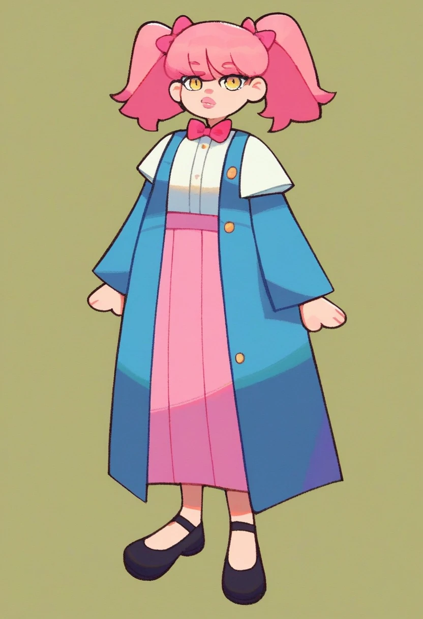 susie_huckerdoo, 1girl, full body, solo, simple background, white shirt with black buttons and a flower-like collar, greenish blue overall-dress with a pink bow, black Mary Jane shoes. light pink hair, pigtails, light yellow eyes, big light pink lips